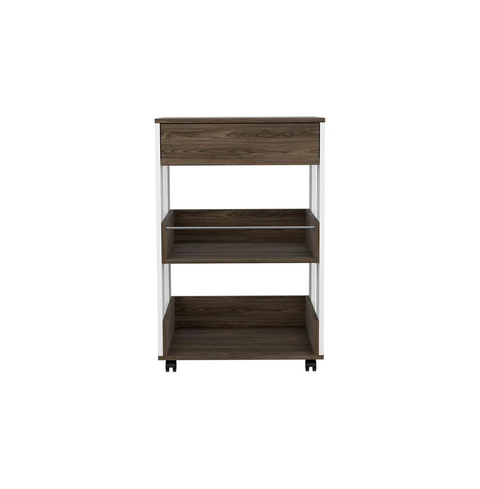 Depot E-Shop Pillar Kitchen Cart, Four Casters, Three Shelves, White / Dark Walnut - Multi