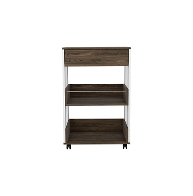 Depot E-Shop Pillar Kitchen Cart, Four Casters, Three Shelves, White / Dark Walnut - Multi