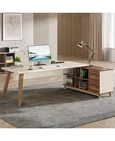 Tribesigns 71-Inch Executive Desk, L-Shaped Desk with 55-Inch Cabinet, Large Office Desk with Storage Shelves, Modern Computer Desk for Home Office