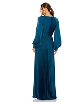 Mac Duggal Women's Ieena Long Sleeve Pleated High Neck Gown