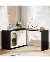 Tribesigns Modern Makeup Vanity, Retractable Large Vanity Desk with 3 Drawers and Cabinet, Makeup Corner Dressing Table for Bedroom