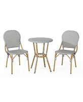 Outdoor Aluminum Armless French Bistro Set, 3-Piece, Gray And Bamboo Finish