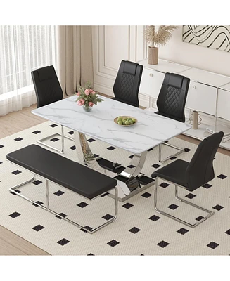 Streamdale Furniture Table and chair set. Large modern rectangular table with white textured top and silver metal legs. Soft and comfortable Pu seats,