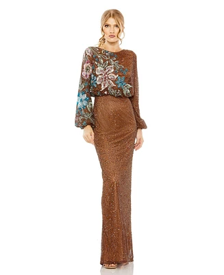 Women's Embellished Multi Color Floral High Neck Gown