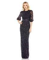 Mac Duggal Women's Sequined Elbow Sleeve Gown