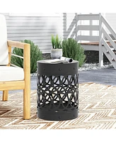 Modern Cylindrical Metal End Table With Iron-Cut Design