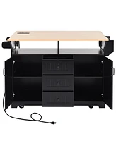 55.7" Large Kitchen Island with 2 Drop Leaf,, Rolling Kitchen Cart on 5 Wheels with Power Outlet, Folding Storage Dining Table with Spice & Towel