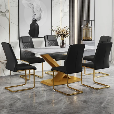 Simplie Fun Table and chair set, The table is equipped with a marble patterned Mdf tabletop and gold table legs.Dining chairs