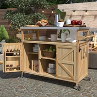 Streamdale Furniture Outdoor Kitchen Island, Rolling Bar Cart & Storage Cabinet, Farmhouse Solid Wood Outdoor Grill Table with Stainless Steel Top, Sp