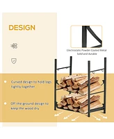 Firewood Rack with Fireplace Tools, Indoor Outdoor Firewood Holder, Flat Bottom with 2 Tiers for Fireplace, Wood Stove, Hearth or Fire Pit, Black