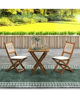 3 Pieces Patio Bistro Set Foldable Wooden Pe Rattan Conversation Furniture Outdoor with Cushions, for Porch, Backyard, Garden, Light Teak