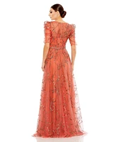 Mac Duggal Women's Embellished Gathered Puff Sleeve Faux Wrap Gown