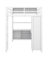 Metal Loft Bed with Wardrobe And L-shaped Desk, Full Size Loft Bed with Storage Cubes and Shelves, Heavy Duty Loft Bed for Kids Teens Adults, White(Pr