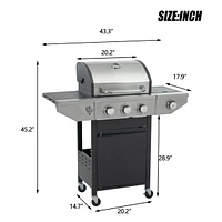Propane Grill 3 Burner Barbecue Grill Stainless Steel Gas Grill with Side Burner, 37,000 Btu Outdoor Cooking, Patio, Garden Barbecue Grill, Black and