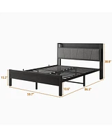 Simplie Fun Queen Size Bed Frame, Storage Headboard with Charging Station, Solid and Stable, Noise Free, No Box Spring Needed, Easy Assembly