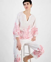 Charter Club Womens Embroidered 100 Linen 3 4 Sleeve Top Embroidered 100 Linen Cropped Pants Exclusively At Macys