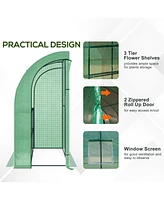 7' x 3' x 7' Lean to Greenhouse, Walk-In Green House, Plant Nursery with 2 Roll-up Doors and Windows, Pe Cover and 3 Wire Shelves, Green