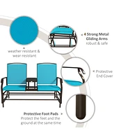 Streamdale Furniture Outdoor Glider Bench with Center Table, Metal Frame Patio Loveseat with Breathable Mesh Fabric and Armrests for Backyard Garden P