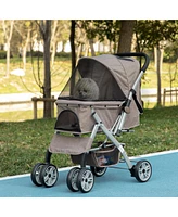 Dog Stroller for Small Dogs Cats, 4 Wheels One-Click Fold Pet Stroller with Swivel Wheels, Brake, Basket Storage, Safety Belts, Adjustable Canopy, Zip