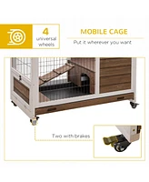 Wooden Rabbit Hutch Indoor Outdoor, Elevated Bunny Cage with No Leak Tray Enclosed Run with Wheels, Ideal for Guinea Pigs and Small Animals, Brown