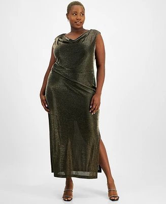 Connected Plus Metallic-Finish Draped Evening Gown