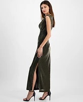 Connected Petite Cowlneck Metallic-Threaded Evening Gown