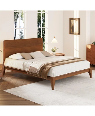 Mid-Century Modern Queen Size 12 Inch Bamboo Wood Platform Bed with Wood Slat Support, No Box Spring Needed, Easy Tool-Free Assembly