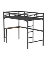 Slickblue Twin Metal Loft Bed with Desk, Ladder, and Guardrails Includes Under-Bed Book Desk