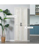 63" 2-Door Kitchen Pantry, Freestanding Storage Cabinet with 5-tier Shelving and 2 Adjustable Shelves for Dining Room, Antique White