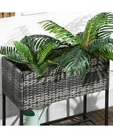 Raised Garden Bed, Elevated Planter Box with Rattan Wicker Look, Tool Storage Shelf, Portable Design for Herbs, Vegetables, Flowers, Gray