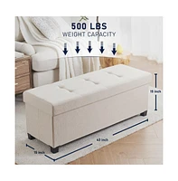 Ornavo Home Foldable Tufted 43 Inch Long Linen Bench Storage Ottoman with Legs