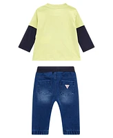 Guess Baby Boy Screen Print Long Sleeve T-Shirt and Knit Denim Pant, 2-Piece Set