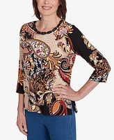 Alfred Dunner Petite Key Items Braided Neck Paisley Tee