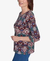 Alfred Dunner Petite Key Items Abstract Leaf Print Three Quarter Sleeve Top