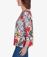 Alfred Dunner Petite Key Items Bold Floral Print Three Quarter Sleeve Tee