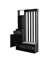Contemporary 39.3" Wx70.8" H Hall Tree Storage with Cushioned Storage Bench, Multifunctional Hallway Shoe Cabinet with Pegboard, Modern Coat