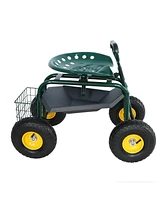 Garden trolley Rolling work chair with wheels, garden stool for planting, 360 degree swivel seat, station wagon scooter with steering handle and utili