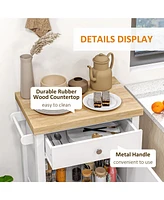 Utility Kitchen Cart, Rolling Kitchen Island with Smooth Rubberwood Top, Narrow Butcher Block Surface on Wheels with Storage Drawer & Cabinet, White