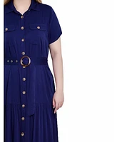 Ny Collection Women's Short Sleeve Midi Twill Dress