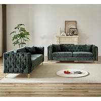 Chenille Pull Buckle Design Sofa for Living Room, Buttons Tufted With Copper Nail Decoration Armrest, Modern Couch Upholstered Button And Metal Legs
