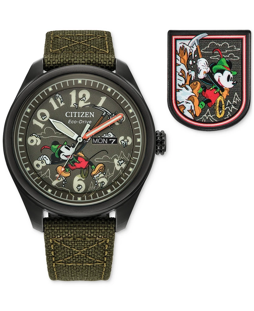 Citizen Eco-Drive Men's Disney Alpine Mickey Mouse Explorer Green Khaki Strap Watch 42mm Boxed Set