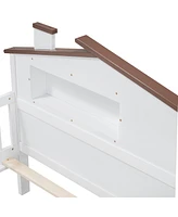 Twin Size Wood Platform Bed with House-shaped Headboard, Led and Built-in Storage, White