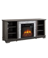 Streamdale Furniture Mantel Electric Fireplace Stone Tv Media Stand with Faux Stacked Stone Surround, Modern Entertainment Console with Open Storage S