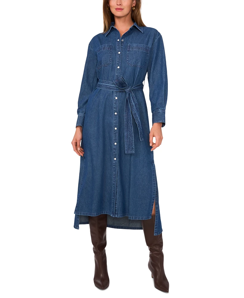 1.state Women's Long-Sleeve Cotton Denim Midi Shirtdress