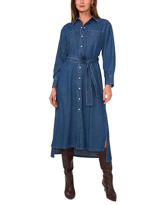 1.state Women's Long-Sleeve Cotton Denim Midi Shirtdress