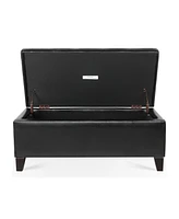 Storage Ottoman with Wooden Legs, Faux Leather Ottoman with Storage for Living Room, Bedroom & Hallway, Ottoman Foot Rest, 38.4" Black Ottoman