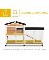62" Rabbit Hutch, Wooden Bunny Hutch, Guinea Pig Cage, Small Animal Enclosure with Wheels, Run Area, Removable Tray, Asphalt Roof, Lockable Doors