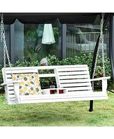 3-Seater Wooden Porch Swing, Patio Swing Bench with Folding Coffee Table, Cup Holders and Chains Included, 440lbs Weight Capacity, White