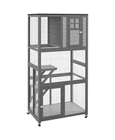 Streamdale Furniture 74" Wooden Catio Outdoor Cat House Weatherproof & Wheeled, Outside Cat Enclosure with High Weight Capacity, Kitten Cage Condo, Li