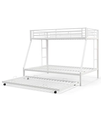 Costway Twin Over Full Metal Slats Bunk Bed Frame with Trundle, Guard Rail & Ladders